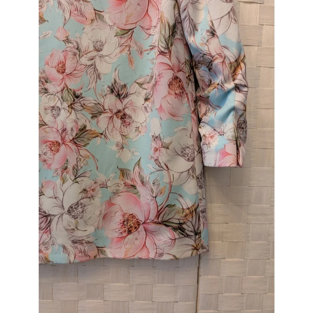 La Pateau Turquoise Pink Floral Ruched 3/4 Sleeve Single Button Blazer‎ Size 38